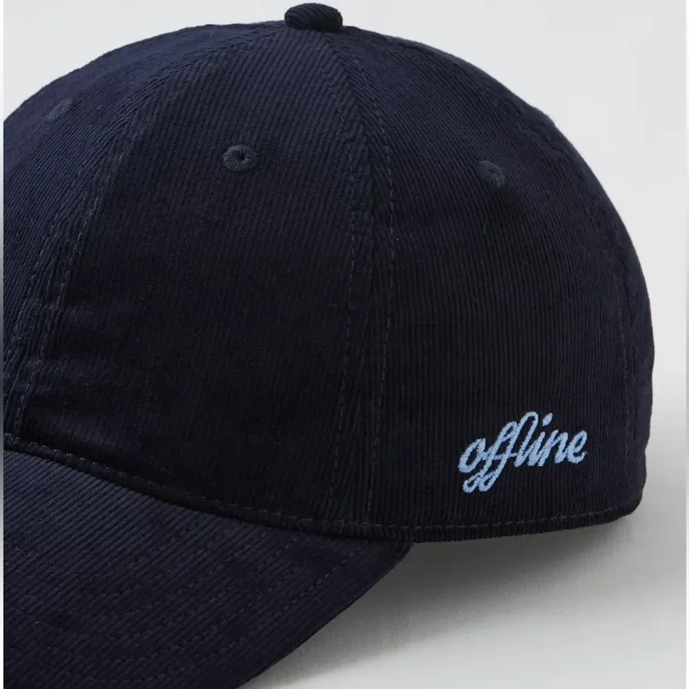 OFFLINE Navy Blue Corduroy Baseball Hat Cap Embroidered Light Blue Logo